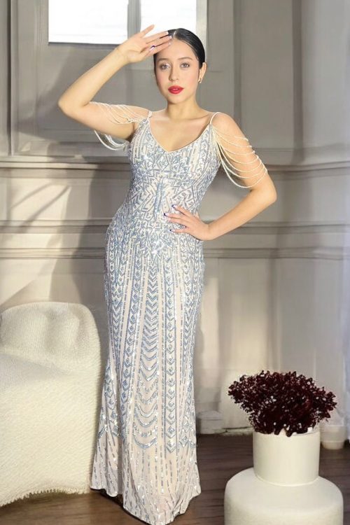 Vestido de Gala Largo Nude Bordado en Lentejuelas Plata con Cristales