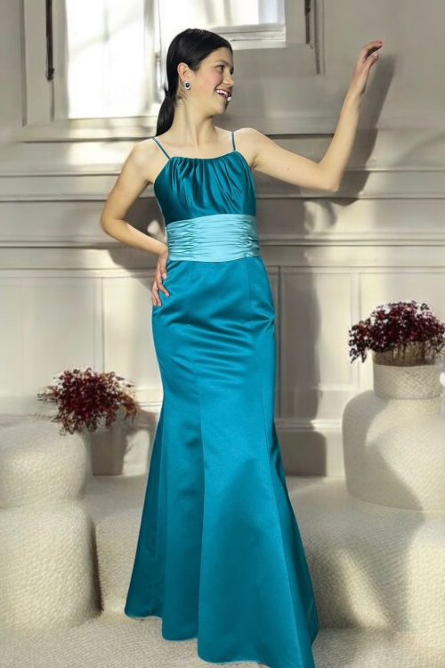 Vestido de Gala Largo en Raso Americano Bicolor Corte Trompeta