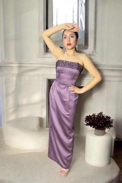 Vestido de Gala Largo en Raso Americano Lila Strapless con Bordado Floral
