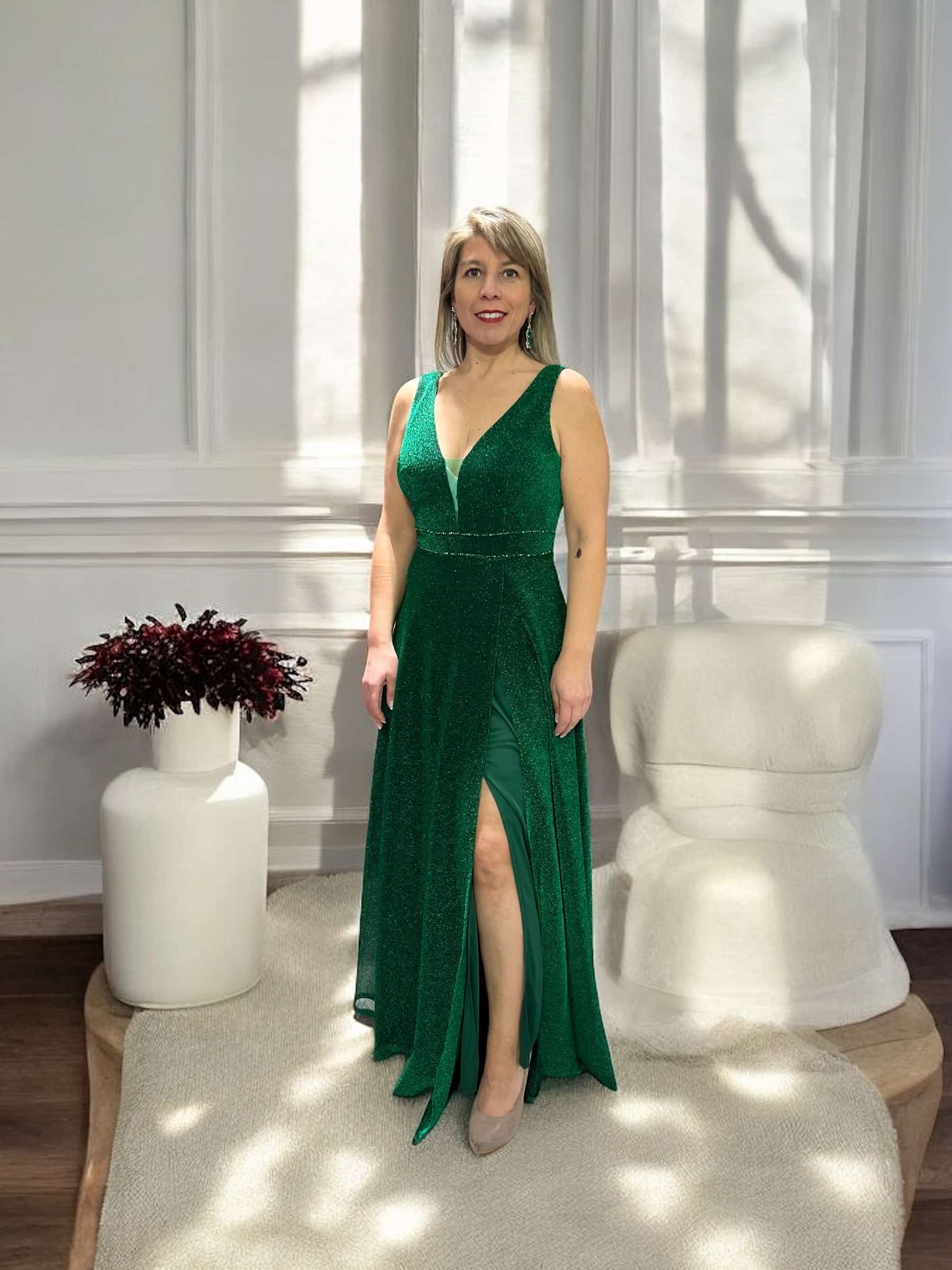 Vestido de Gala Largo con Brillos Sutiles y Escote en V - Imagen 5