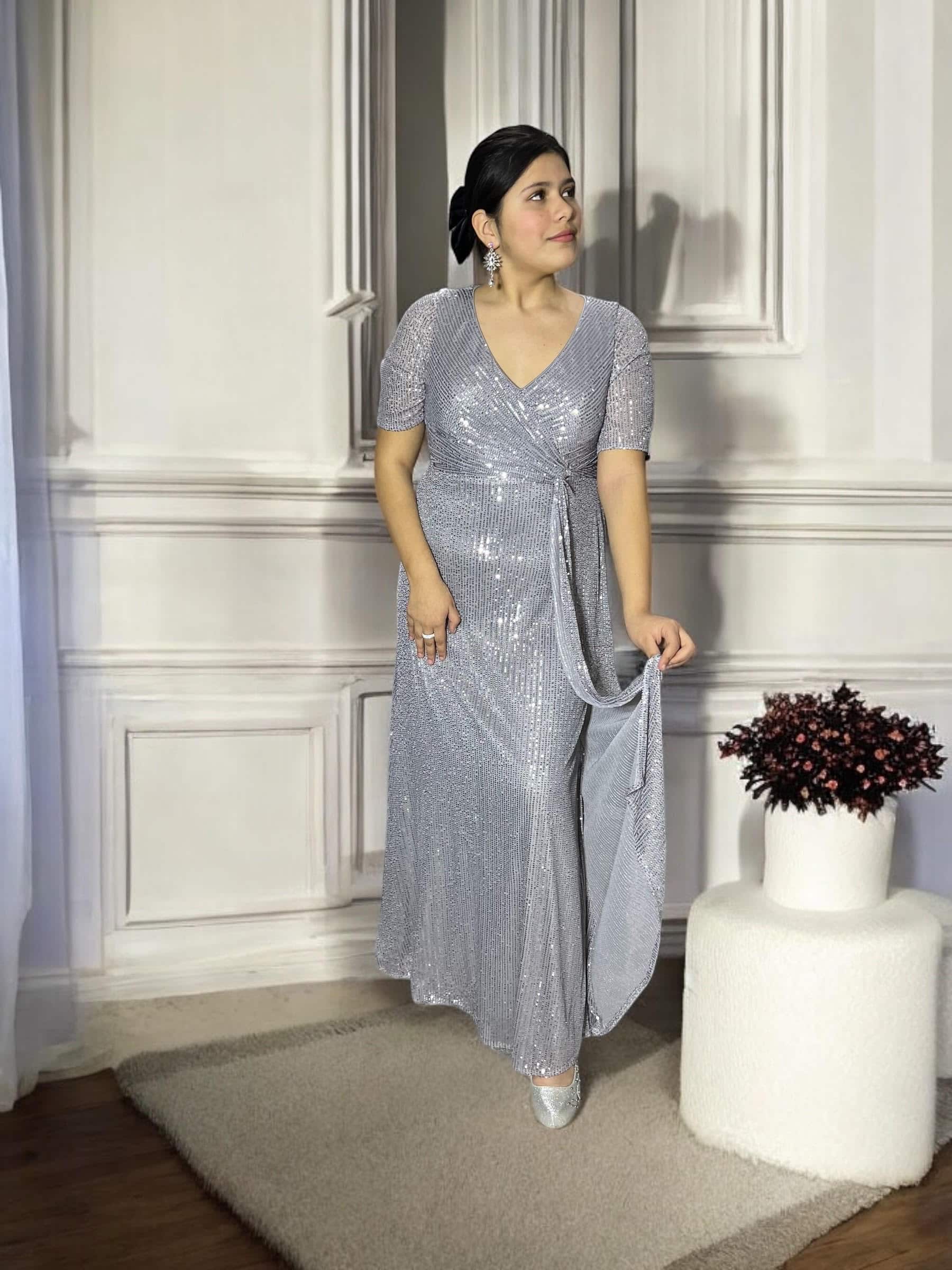 Vestido Fiesta Talla Grande Elastizado con Lentejuelas