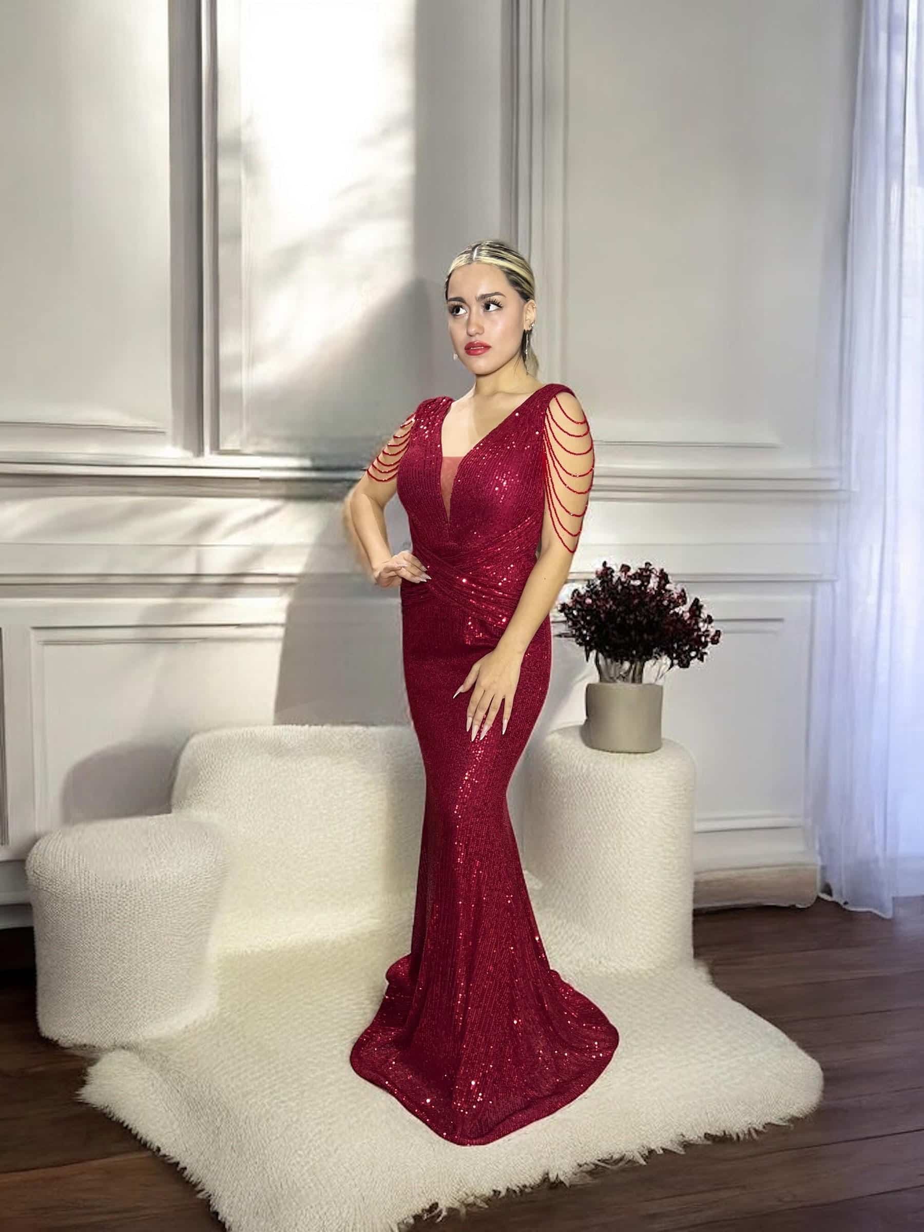 Vestido de Fiesta con Lentejuelas y Cristales Sirena