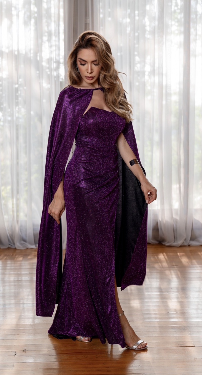 Vestido de Gala Largo Tamara Lurex con Capa | Colección Brasil en Temuco - Imagen 3